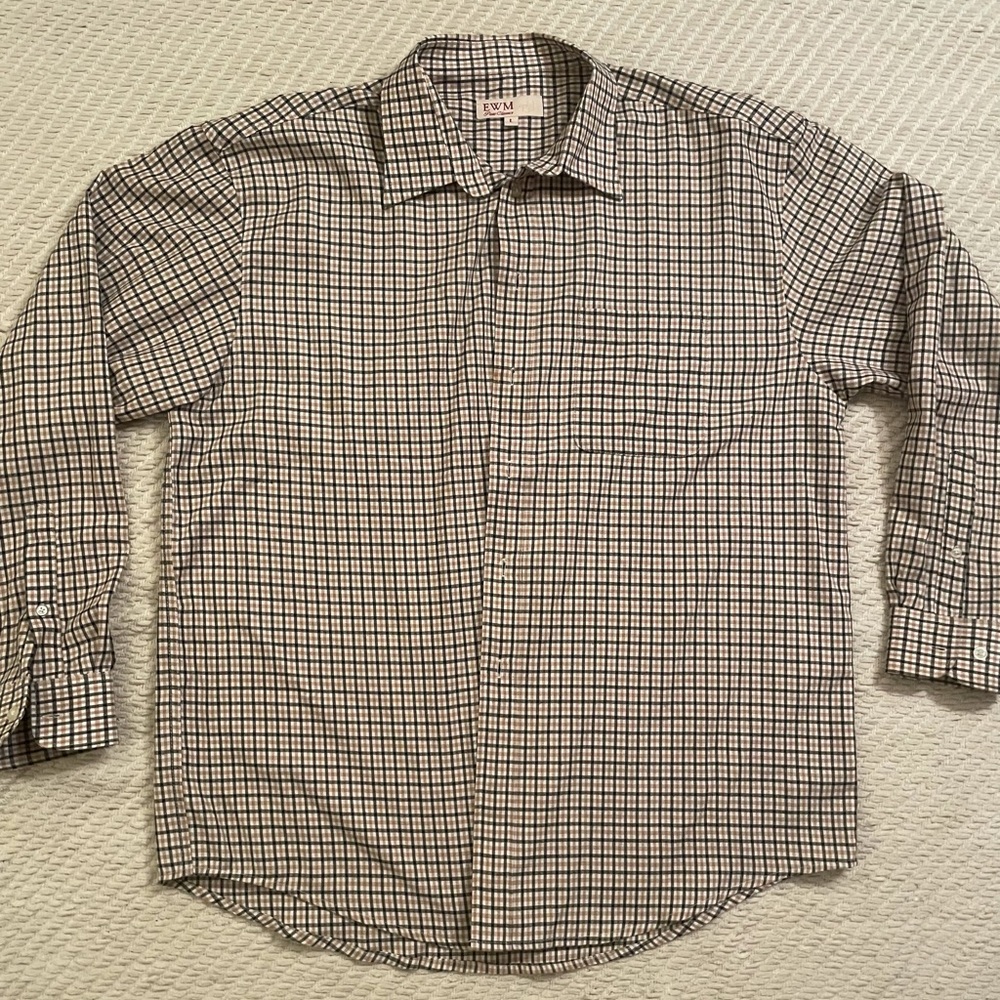 Large Brown Plaid EWM Long Sleeve Dress Shirt